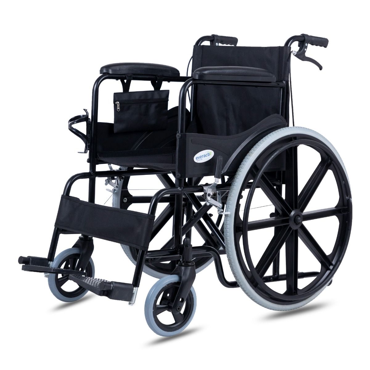 Everactiv Premium Everyday Use Foldable Wheelchair with Attendant Brakes | Extra Side Pouch | Bottle Holder | 6 Wheels